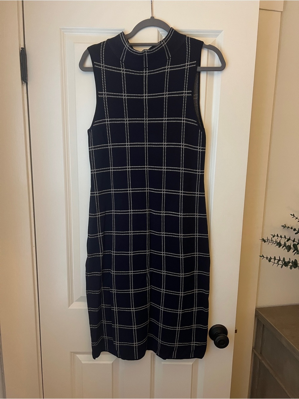 Ann Taylor Navy and White Windowpane Sleeveless Midi Dress